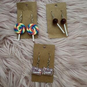 3 pairs of handmade candy shaped drop earrings lollipops